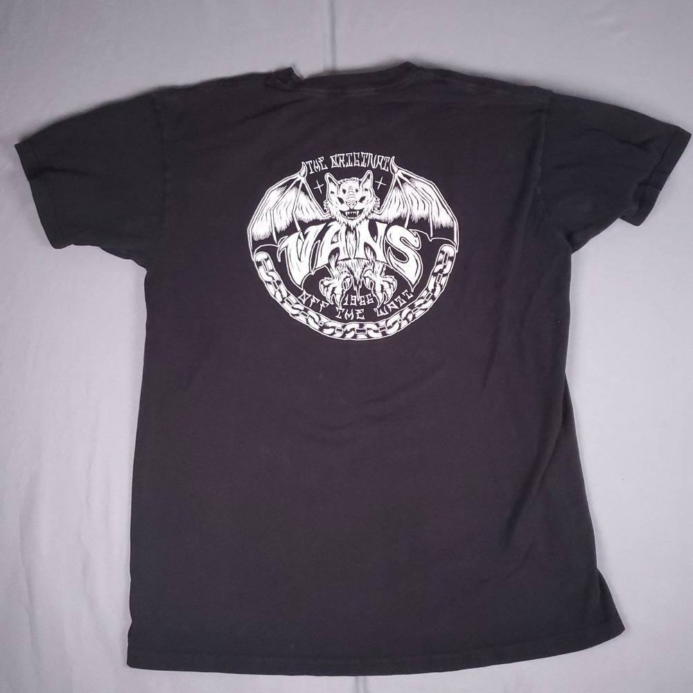 Vans Off The Wall T Shirt Mens Large Black Distressed Bat Graphic Cotton Skater